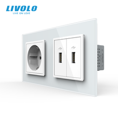 Розетка с заземлением с 2 USB розетками Livolo