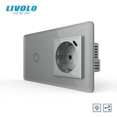 LIVOLO pass-through touch dimmer with socket and USB Type-C 18W, gray 2.5D, with grounding and protective curtains