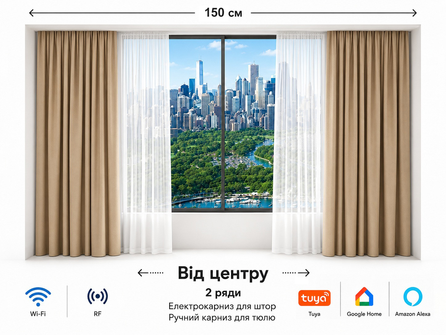 Електрокарниз для штор LIVOLO 150 см, Wi-Fi Tuya Smart, з пультом ДК + ручний карниз для тюлю
