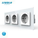 Умная тройная розетка LIVOLO с заземлением, шторки, белая, стеклянная рамка, 250В 16А