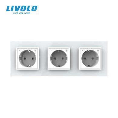 Розумна потрійна електрична розетка LIVOLO із заземленням, шторки, біла, скляна рамка, 250В 16А