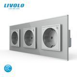 Умная тройная электрическая розетка LIVOLO с заземлением, шторки, серая, стеклянная рамка, 250В 16А