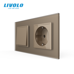 Intermediate Switch with Socket 16A 230V, Grounded, Safety Shutters, LIVOLO Gold Matte Glass