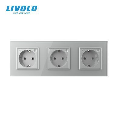 Розумна потрійна електрична розетка LIVOLO із заземленням, шторки, сіра, скляна рамка, 250В 16А