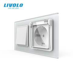 Intermediate Switch with Socket and IP44 Cover, LIVOLO White Matte Glass, 16A 230V, Grounded, Safety Shutters