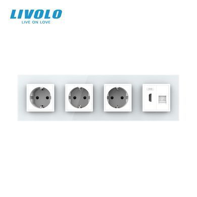 Комбінована розетка LIVOLO на 4 місця, HDMI та інтернет RJ-45, зі скляною рамкою