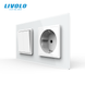 Non-latching double switch with LIVOLO socket, white glass, 16A 230V, with grounding, protective shutters