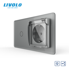 Pass-through sensor dimmer with socket and cover IP44, gray 2.5D, 16A 230V, with grounding, blinds, LIVOLO
