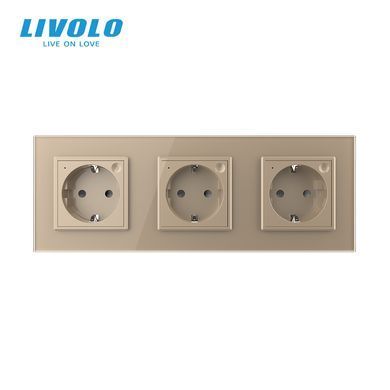 LIVOLO Smart Triple Electrical Socket with Grounding, Safety Shutters, Gold, Glass Frame, 250V 16A