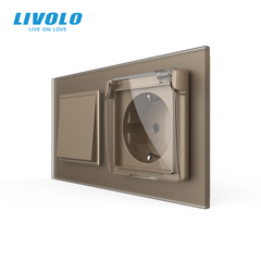 Intermediate Switch with Socket and IP44 Cover, LIVOLO Gold Matte Glass, 16A 230V, Grounded, Safety Shutters