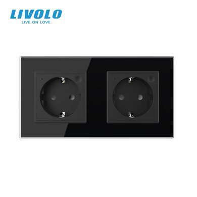 LIVOLO Smart Double Electrical Socket with Grounding, Black, Wall-mounted Designer, Glass Frame, 250V 16A