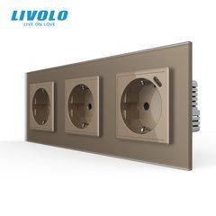 Потрійна розетка LIVOLO із заземленням та USB-C 18 Вт, 16 А, зі скляною рамкою