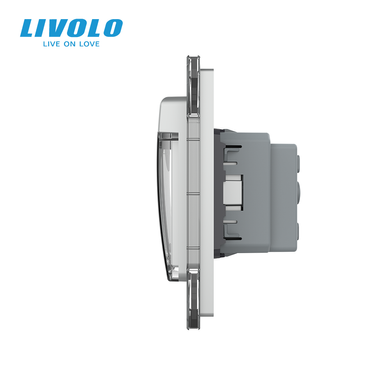 Non-latching double switch with socket, IP44 LIVOLO cover, gray glass, with grounding, protective curtains