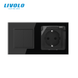 Non-latching double switch with socket, cover IP44 LIVOLO black glass, with grounding, protective shutters