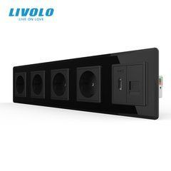 Комбінована розетка LIVOLO на 5 місць, HDMI та інтернет RJ-45, зі скляною рамкою