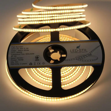 Светодиодная лента LED-STIL 3000K 7 Вт/м COB 320 диодов IP33 24 Вольта 600 Lm теплый свет, узкая