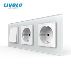 Intermediate Switch with Dual Sockets, LIVOLO White Matte Glass, 16A 230V, Grounded, Safety Shutters