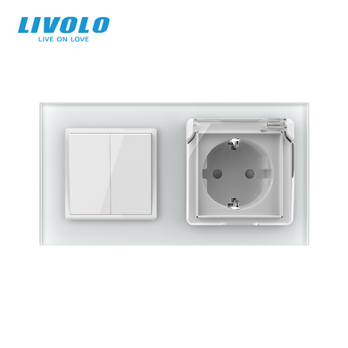Non-latching double switch with socket, cover IP44 LIVOLO white frosted glass, with grounding, protective curtains