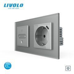 Smart touch dimmer with USB Type-C socket 18W LIVOLO 16A 230V, with grounding, blinds, frosted gray, glass