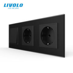 Intermediate Switch with Dual Sockets, LIVOLO Black Matte Glass, 16A 230V, Grounded, Safety Shutters
