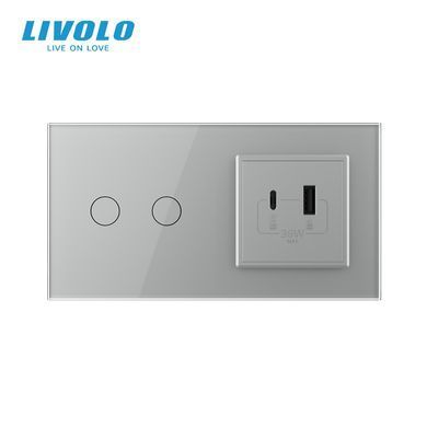 Умный сенсорный проходной/перекрёстный выключатель LIVOLO EC, 2 сенсора + зарядная розетка USB-A/USB-C 36 Вт