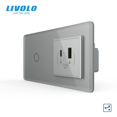 LIVOLO smart touch switch with USB-A + USB-C socket 36W gray 2.5D glass frame