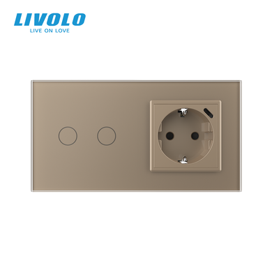 Сенсорний димер LIVOLO, 2 сенсори + розетка з USB-C 18 Вт, 16 А, із заземленням