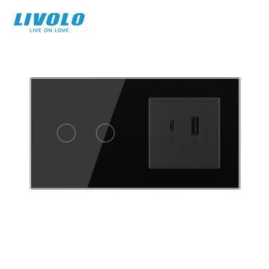 Розумний сенсорний прохідний/перехресний вимикач LIVOLO EC, 2 сенсори + зарядна розетка USB-A/USB-C 36 Вт