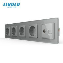Комбинированная розетка LIVOLO на 5 мест, 4 розетки с заземлением, интернет RJ-45 и TV, со стеклянной рамкой