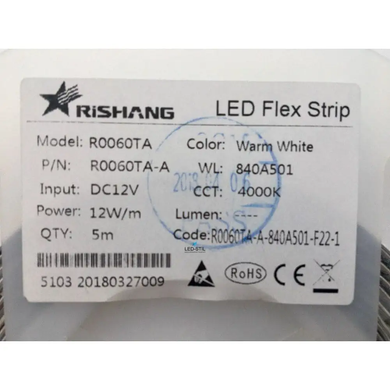 LED strip R0060TA-A, 6000K, 12W, 2835, 60 pcs, IP33, 12V, 980LM