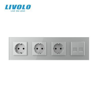 Four-Gang Socket with Dual RJ-45 Internet Ports, LIVOLO Gray, Wall-mounted Designer, Glass Frame