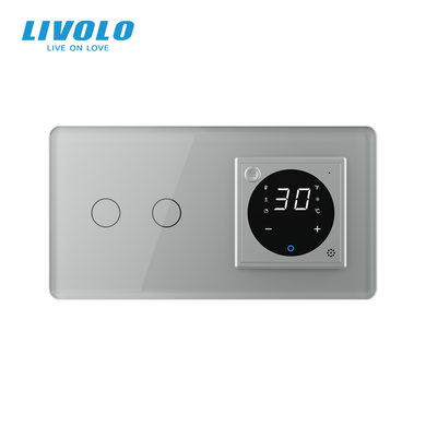Терморегулятор для електричної теплої підлоги + 2-сенсорний вимикач LIVOLO, білий скляний, в одній рамці (VL-C702/C701TM2-11)
