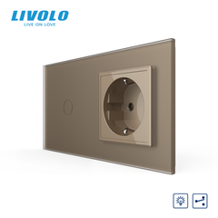 Sensor-controlled dimmer with LIVOLO 16A 230V socket with grounding, blinds, frosted gold, glass