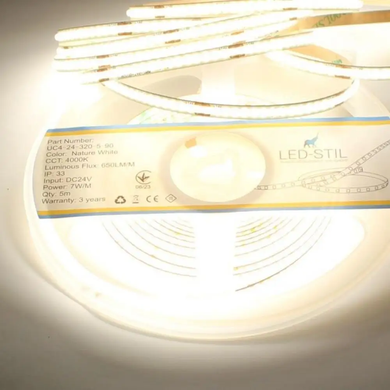 Светодиодная лента LED-STIL 4000K 7 Вт/м COB 320 диодов IP33 24 Вольта 650 Lm нейтральный свет, узкая
