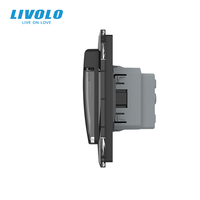 Smart pass-through touch switch 4 sensors (2-2) with socket with cover IP44, grounding, LIVOLO black 2.5D glass
