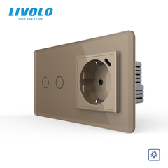 LIVOLO 2-sensor dimmer with socket and USB Type-C 18W, gold 2.5D, socket 16A 230V with grounding