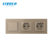 Universal switch (regular/through) with socket and socket with USB Type-C 18W, grounding, protective curtains, LIVOLO gold glass