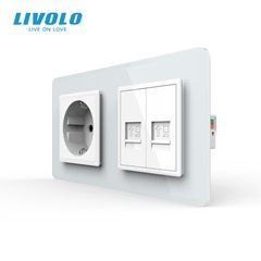 Комбінована розетка LIVOLO на 2 місця, 2 інтернет-порти RJ-45, зі скляною рамкою