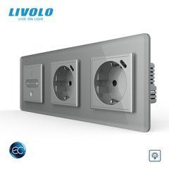 LIVOLO smart touch dimmer with two sockets with USB Type-C 18W, gray 2.5D, glass, 16A 230V, grounding, blinds