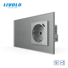 LIVOLO walk-through sensor dimmer for 2 sensors with socket and USB Type-C 18W, frosted gray, grounding