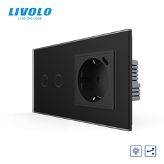 LIVOLO pass-through sensor dimmer for 2 sensors with socket and USB Type-C 18W, frosted black, grounding