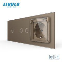 Two-way touch dimmer LIVOLO, 3 gangs (1-2) + socket with IP44 cover, 16 A, earthed
