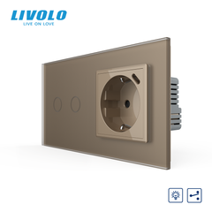 LIVOLO walk-through sensor dimmer for 2 sensors with socket and USB Type-C 18W, frosted gold, grounding