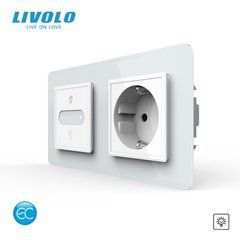 Smart touch dimmer with LIVOLO 16A 230V socket with grounding, blinds, white 2.5D, glass