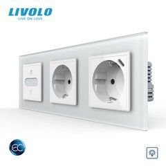 Smart touch dimmer LIVOLO EC, 1 gang + 2 sockets with USB-C 18 W, 16 A, earthed