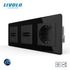 Smart pass-through touch dimmer LIVOLO 2 sensors (1-1) with USB Type-C socket 18W, black 2.5D glass