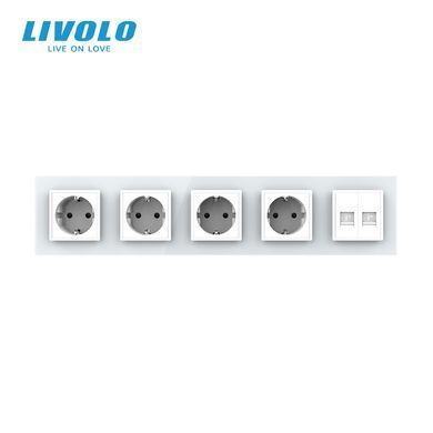 Five-Gang Socket with Dual RJ-45 Internet Ports, LIVOLO White, Wall-mounted Designer, Glass Frame