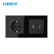 LIVOLO 2-gang combination wall socket, USB-A 10 W, RJ-45 Ethernet and HDMI, with glass frame