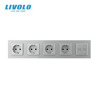 Five-Gang Socket with Dual RJ-45 Internet Ports, LIVOLO Gray, Wall-mounted Designer, Glass Frame