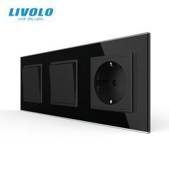 Трехклавишный выключатель (1-2) с розеткой Livolo белое стекло